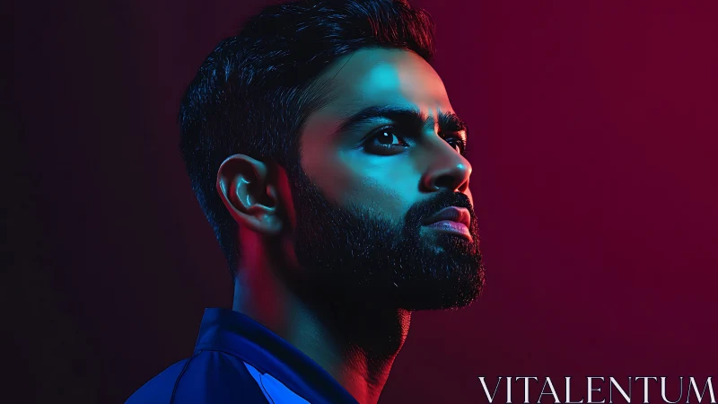 Bearded man in colored side light against dark background.