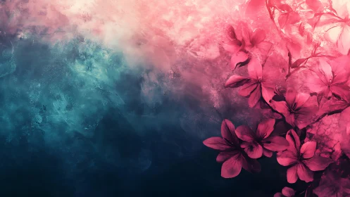 Pink Flowers Emerge From Teal Mist.