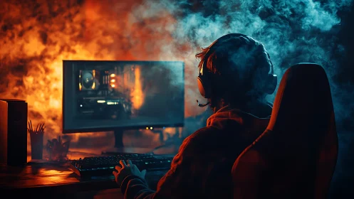 Immersive dual-tone gamer workstation in volumetric fog.