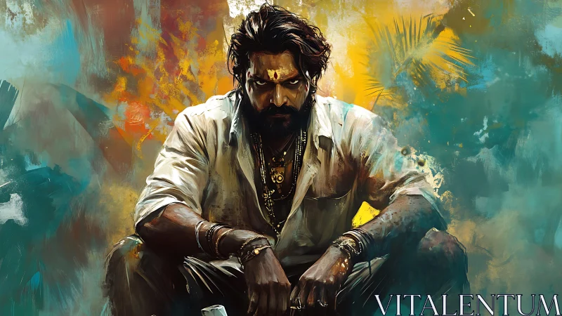 Brooding outlaw sits amid vivid abstract urban chaos.