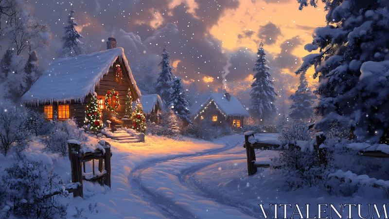 Snowy holiday cabins glow with warm winter cheer at dusk