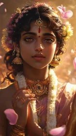 Ornately adorned woman in warm bokeh light with floral garland