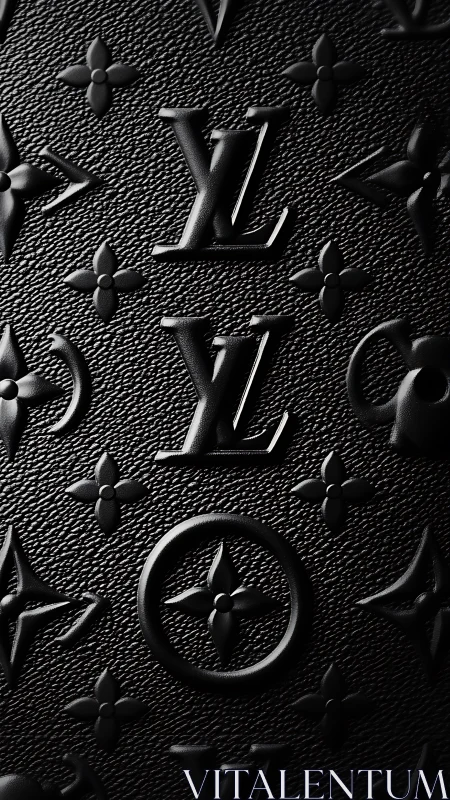 Macro study of embossed LV monogram on textured black leather.