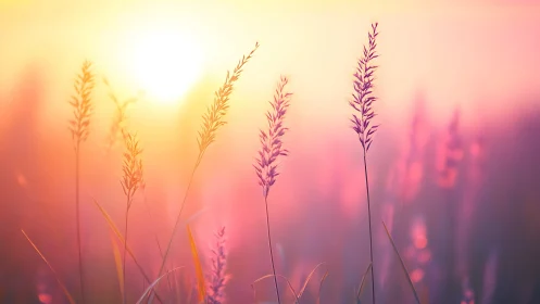 Backlit grass inflorescences in high-key sunset bokeh field.