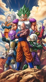 Heroic anime warriors stand united under dramatic skies