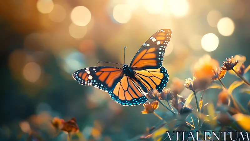 Monarch butterfly glows over sunlit wildflower meadow.