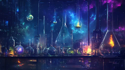 Nebula Lab Glassware Over City of Starlit Chemical Dreams.