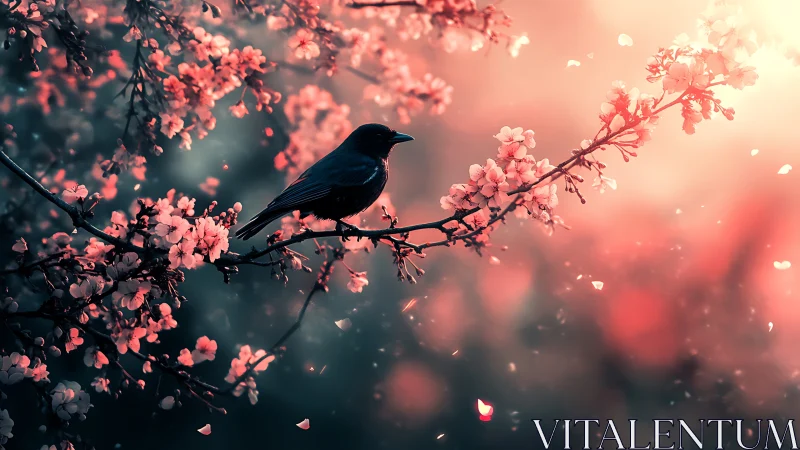 Dark silhouetted bird perched among luminous coral blossom clusters.