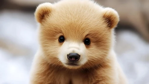 Front-facing close-up shows light brown bear cub portrait