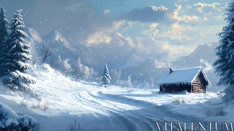 Snowbound mountain cabin under luminous winter sunrise.