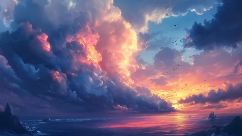 Spectral cumulonimbus over iridescent oceanic horizon.