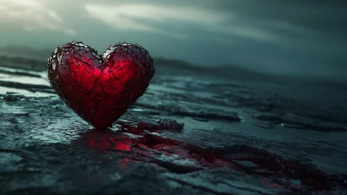 Crystalline heart stone rests on dark shores.