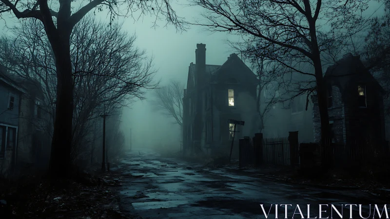 Foggy deserted street with dark houses and dim lights.