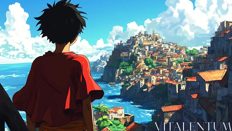 Backlit traveler surveying sunlit coastal cliff cityscape