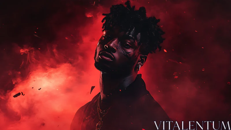 Cinematic red-tinged portrait with dramatic smoke and debris