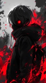 Hooded monochrome figure with red eye and abstract flames.