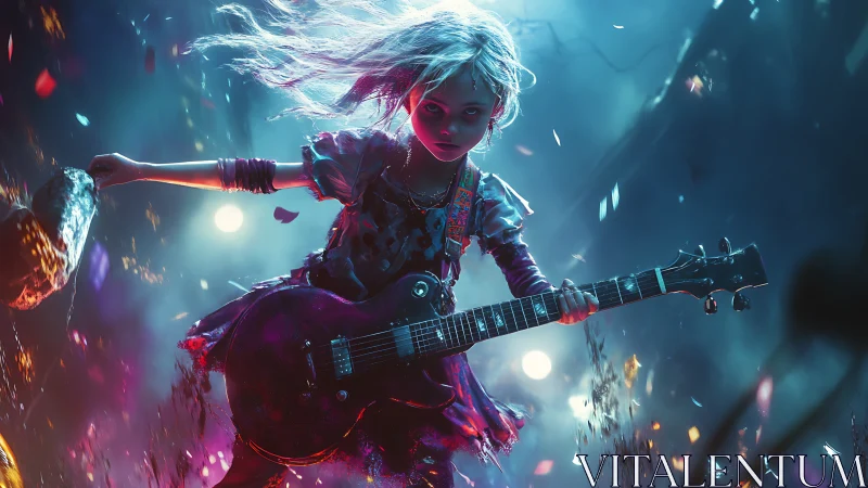 Cyber-occult girl guitarist advances through neon-lit particle storm