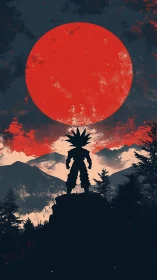 Silhouetted warrior beneath colossal red sun over peaks.