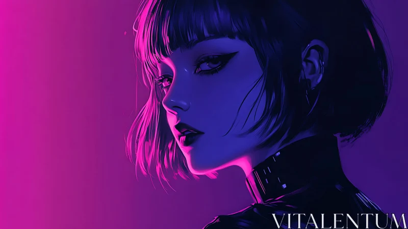 Neon twilight kisses a cyber siren’s poised midnight gaze