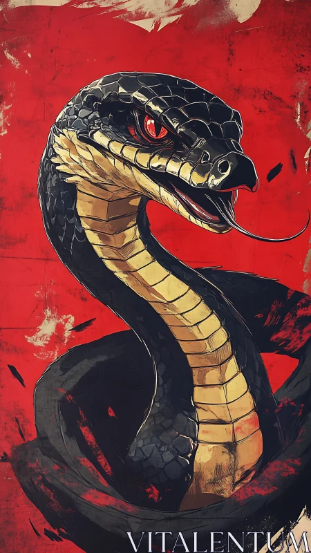 Coiled black cobra rises against distressed red background