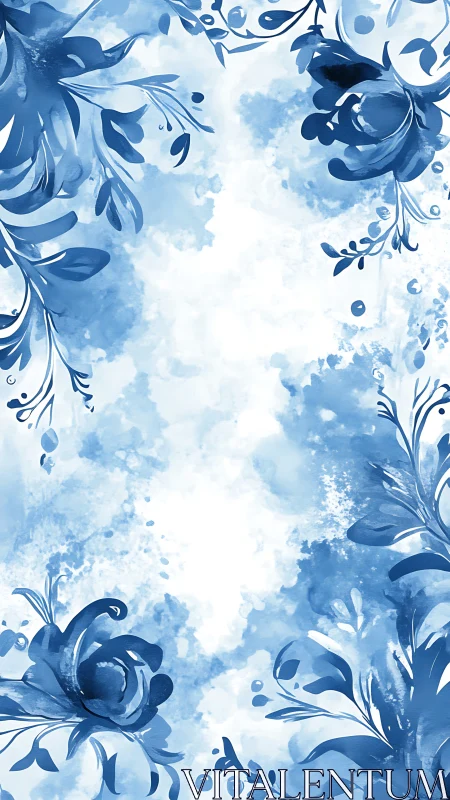 Blue Floral Frame with Cloud Sky Background