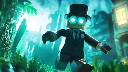 Top-hatted robot minifigure strides through neon jungle ruins