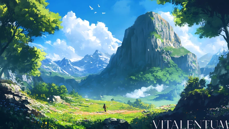Sunlit mountain valley invites a hopeful wanderer onward