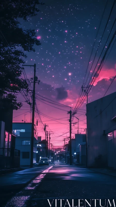 Urban street under starry magenta dusk sky with power lines.