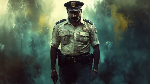 Resolute police officer steps forward through swirling smoke