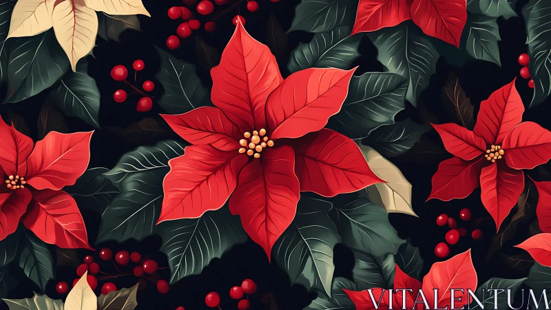 Crimson poinsettia parade over midnight holiday leaves.