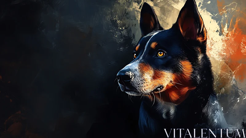 Loyal dog in glowing brushstrokes against moody night sky.