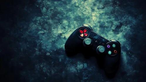 Gaming controller positioned on textured dark surface.