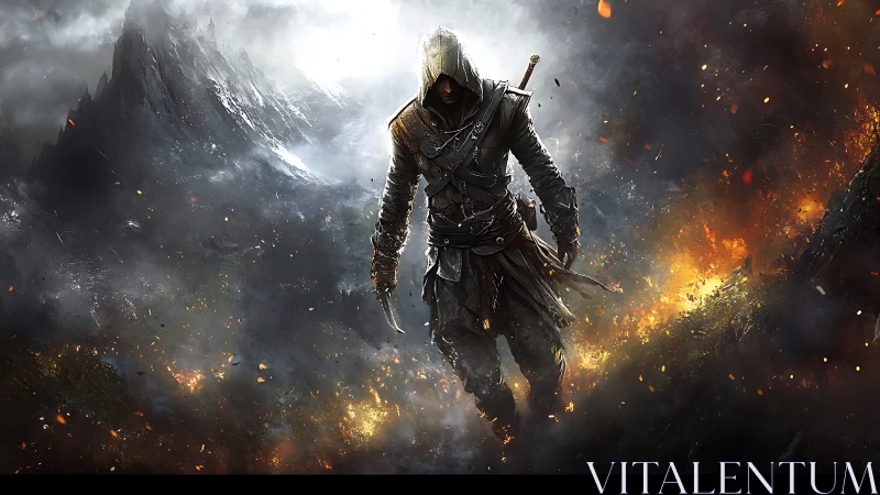 Hooded rogue strides through firelit battlefield ruins.