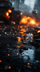 Burning city street glows through rain and scattered embers.