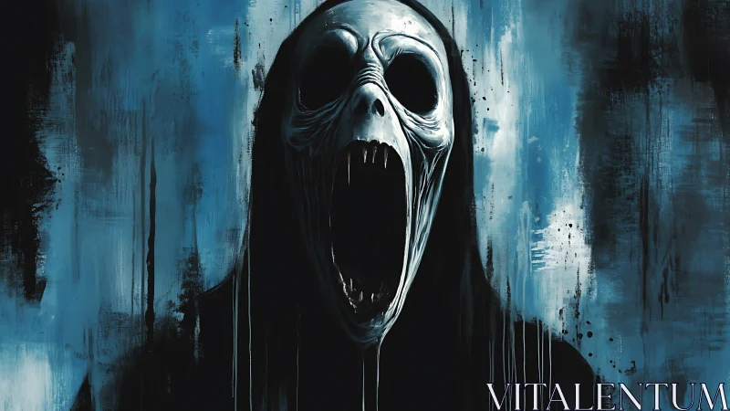 Hooded skeletal figure with open mouth on blue abstract field.