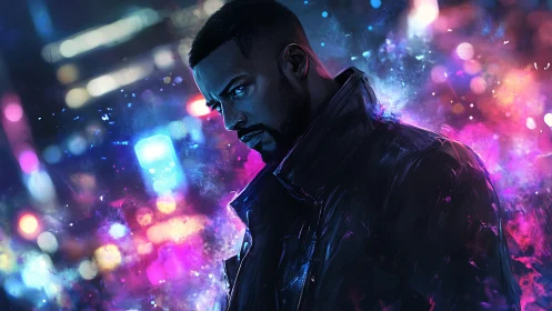 Neon-brooding night runner in glitchy cyberpunk drizzle.