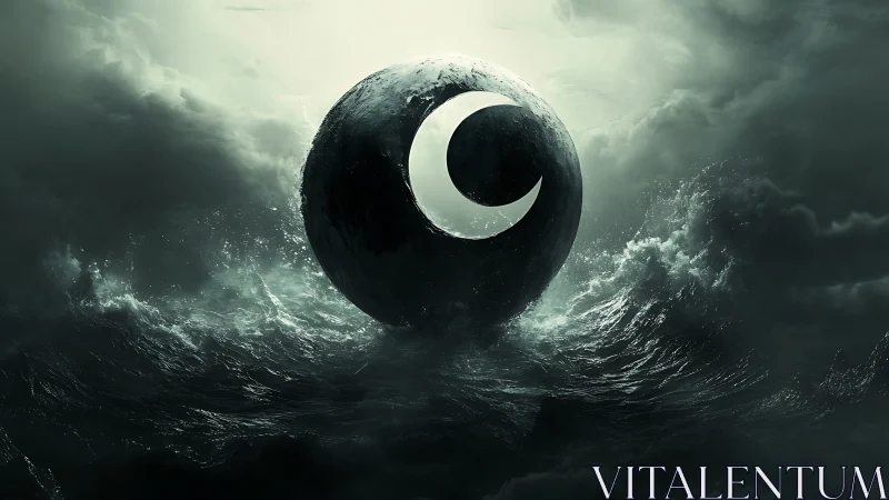 Monolithic crescent sphere emerges from storm-tossed oceanic void