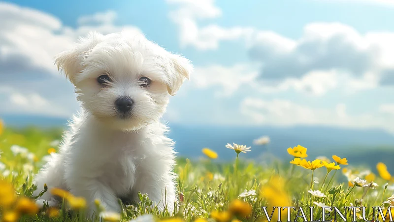 White puppy sits in sunny wildflower meadow under clouds