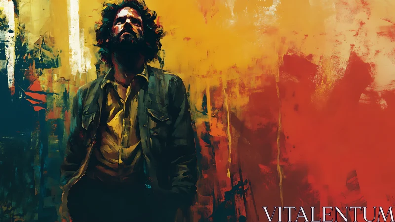 Pensive figure amid abstract chromatic inferno backdrop.