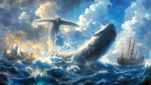 Colossal white whale breaching between ships at sea.