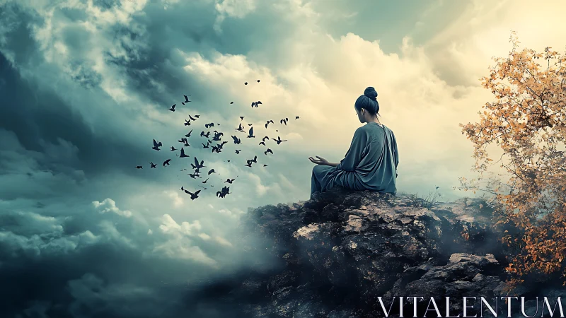 Solitary robed figure sits on rocky outcrop beneath dense clouds