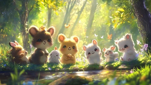 Woodland cuddle critters bask in sunlit forest glow.