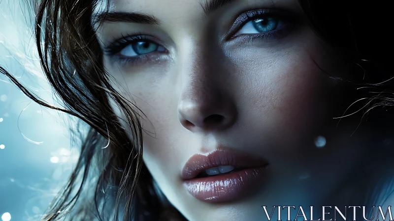 Hyperreal close-up portrait shows intense blue-eyed gaze