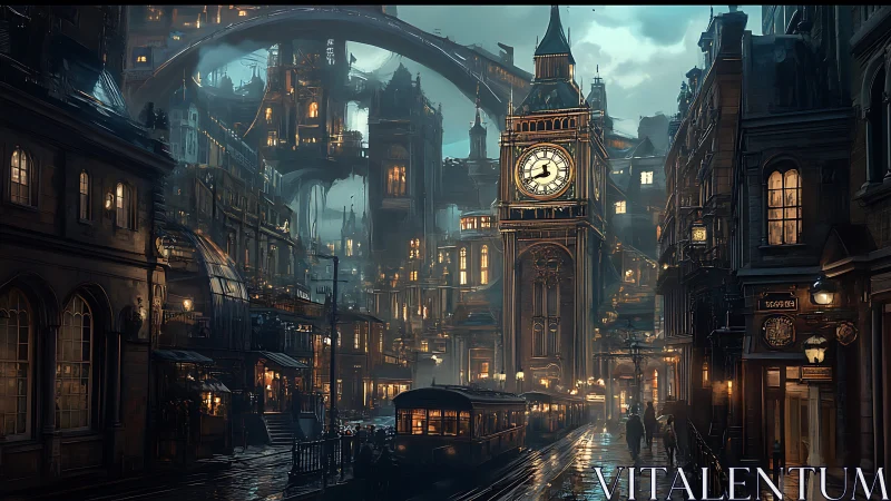 Clocktower steampunk city glows under rain-soaked twilight sky