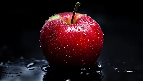 Red apple with water droplets on reflective black surface.