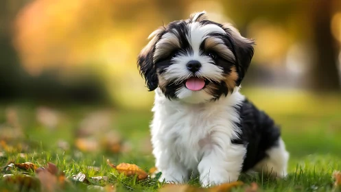 Fluffy autumn puppy exploring a sunlit park moment.
