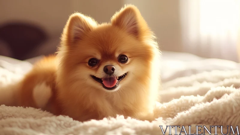 Warm backlit Pomeranian lying on textured bedspread in soft focus