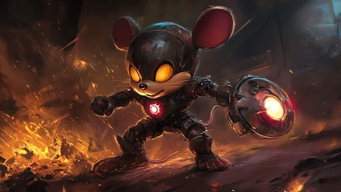 Armored battle mouse charges through fiery industrial ruins