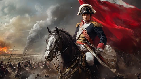 Napoleonic cavalry officer rides through dense battlefield smoke