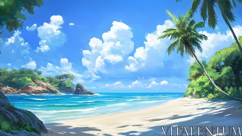 Tropical Coastline with Palm Trees and Calm Waters.